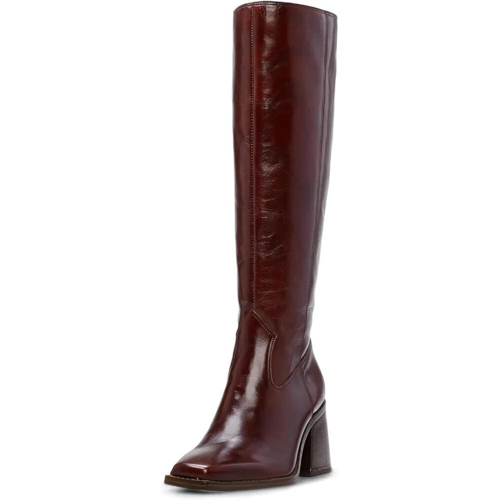 Women Burgundy Polyurethane Knee High Side Zipper Square Toe Block Heel Boots